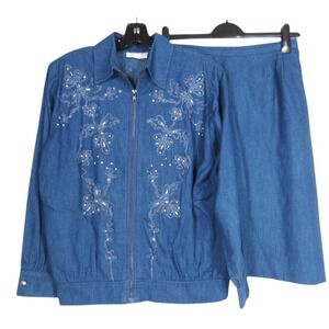 Vtg Three Flaggs 2-Pc. Dark Denim BEADED Floral Full Zip JACKET/SKIRT Outfit 8